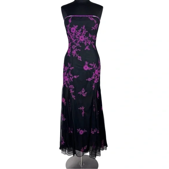 VINTAGE Y2K CACHE BEADED HOCO PROM STRAPLESS HOT PINK BLACK DRESS FORMAL  GOWN